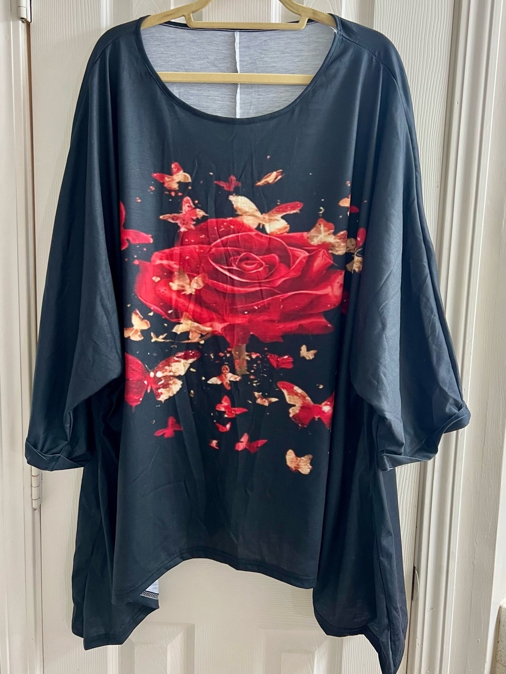 Women's Black Tunic Top with Red Rose & Butterfly Print